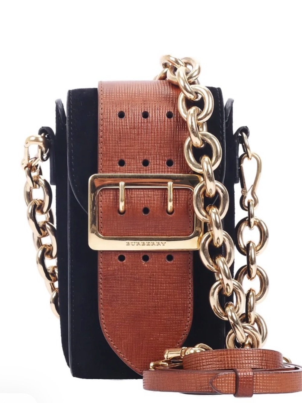 Burberry Brown Textured Leather Belt with Gold Buckle